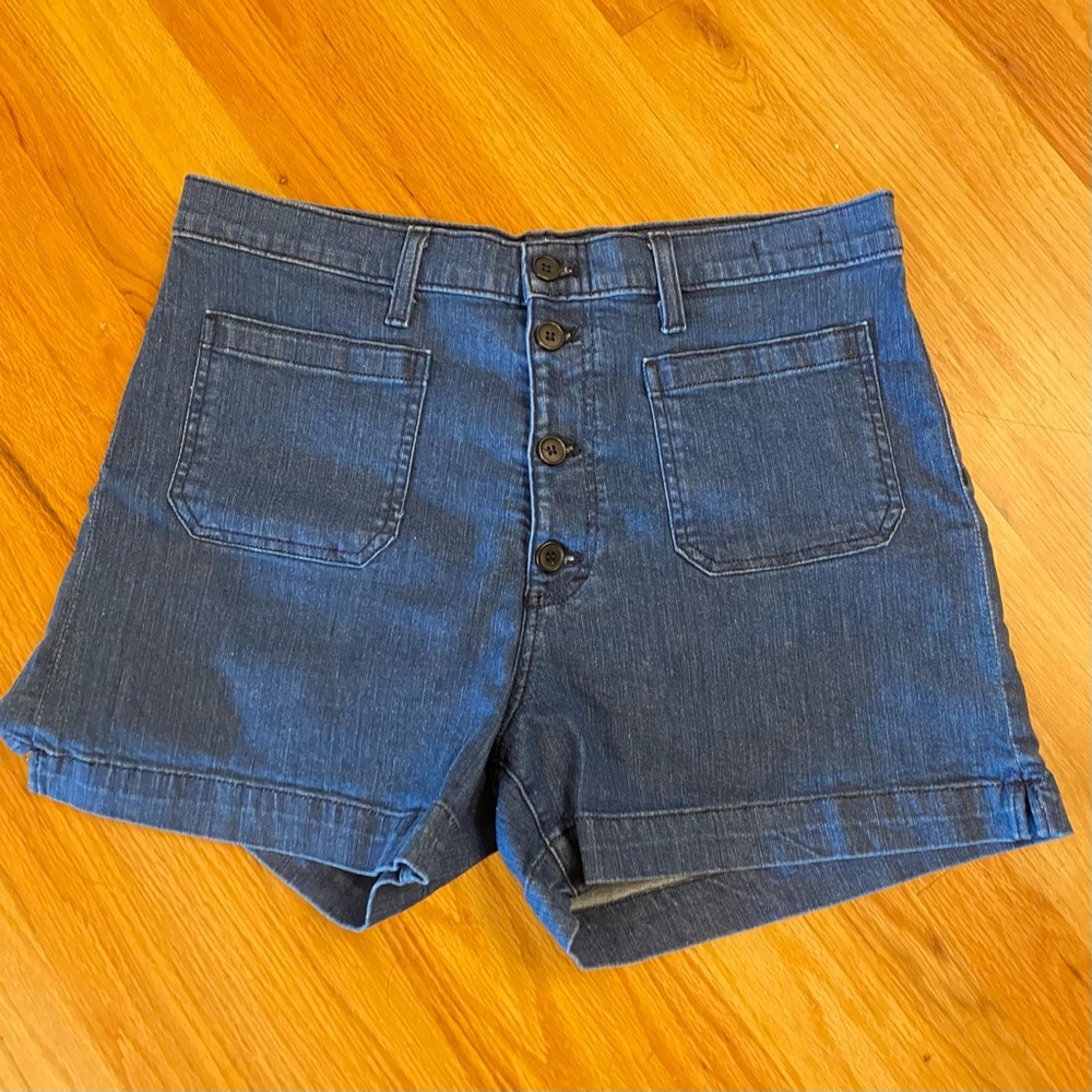 J. Crew Medium Blue Denim Patch Pocket Button Front High Rise Jean Shorts